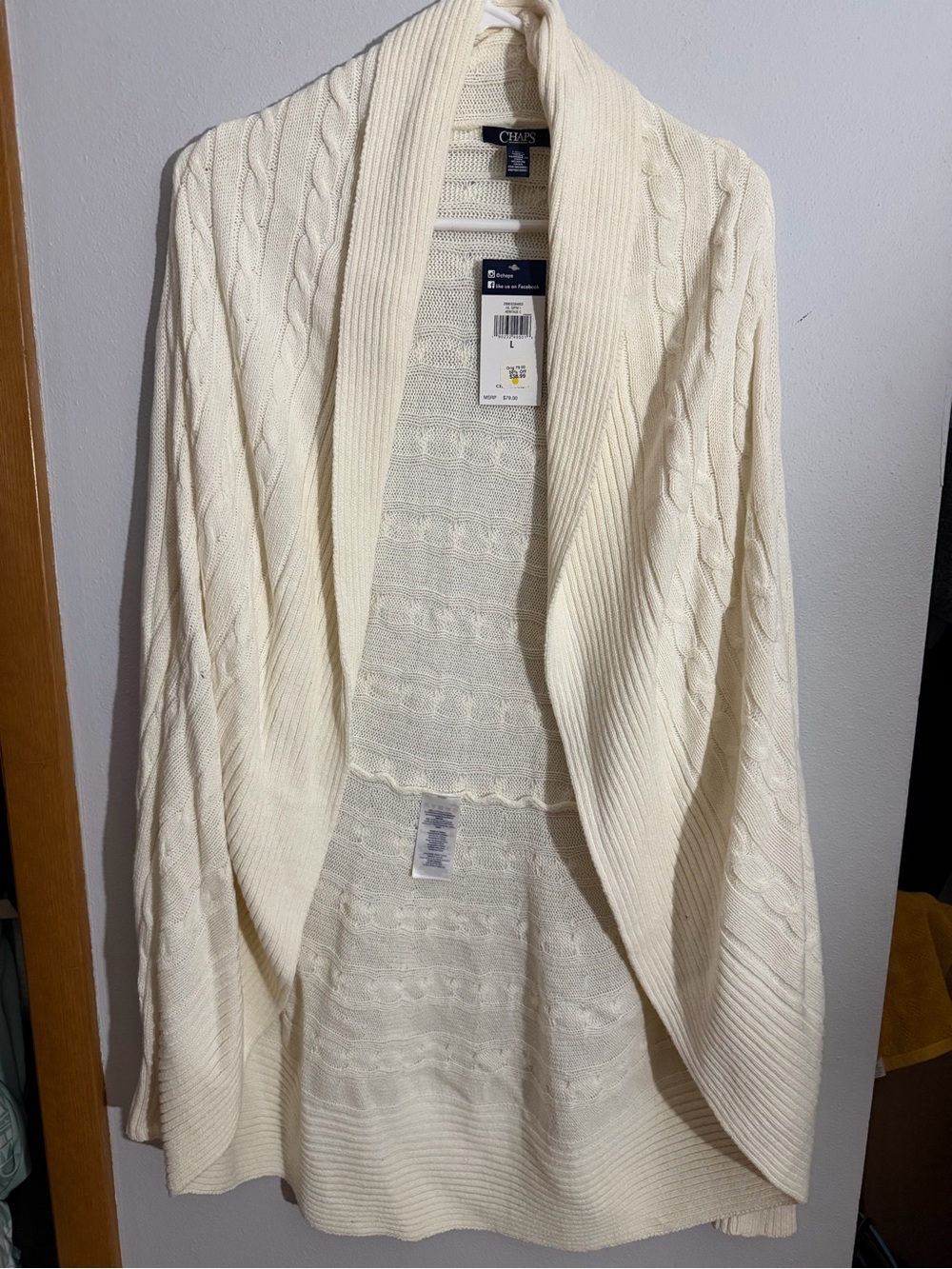 Chaps Cream Cable Knit Shawl Collar Open Cardigan